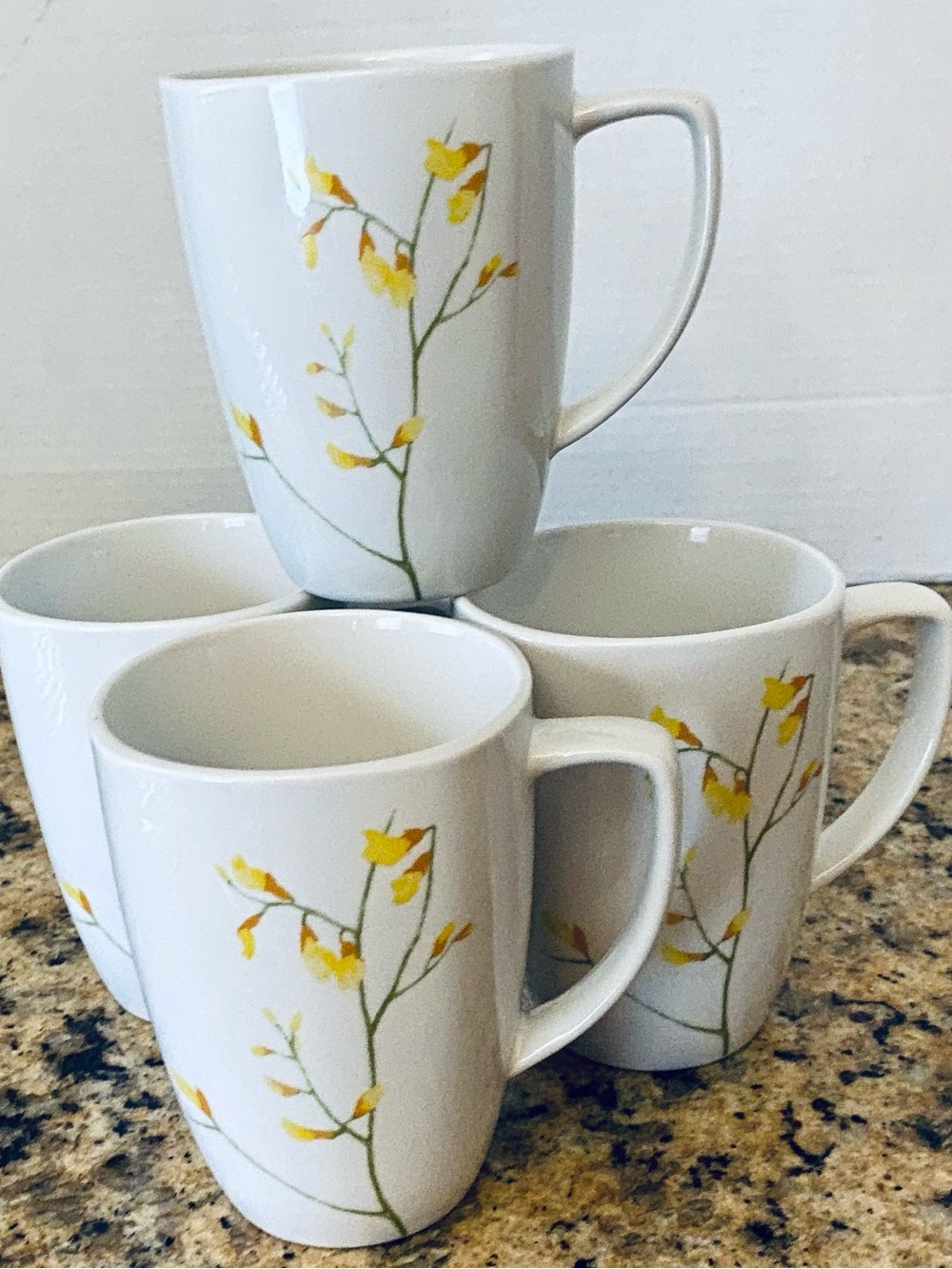 Corelle Coffee Mugs  with Yellow Floral Porcelain Branch Design - Set of 4 ,12oz